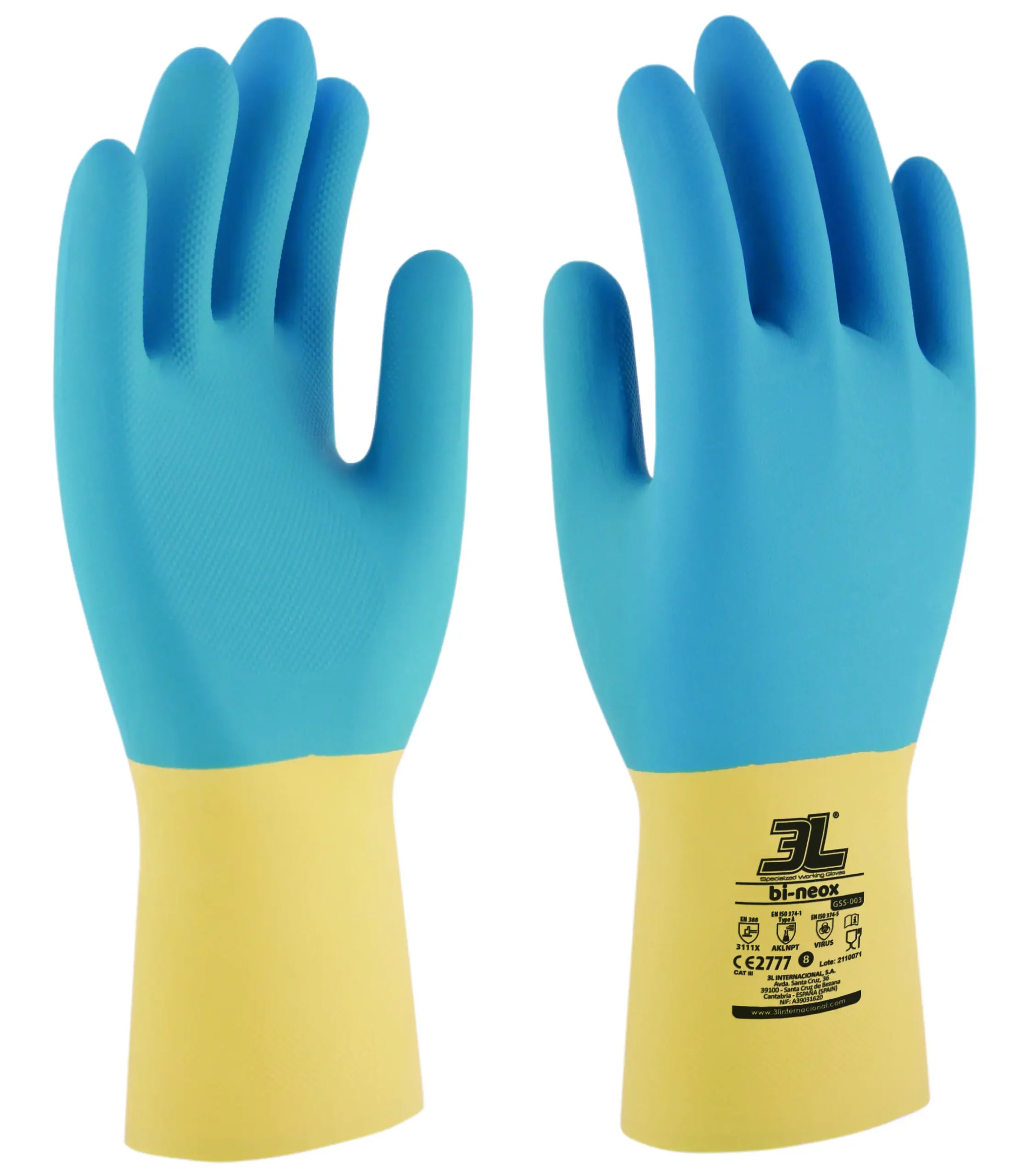 guante protección química BI-NEOX neopreno látex azul y amarillo