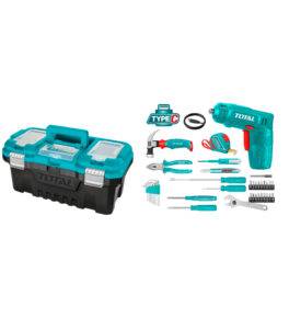 Caja de herramientas TOTAL 38 piezas con destornillador 4V USB Type-C y accesorios organizados