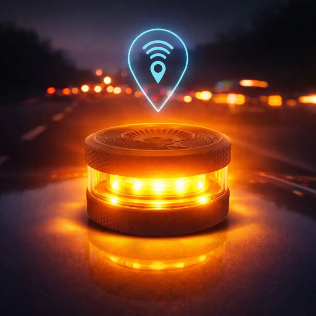 Baliza V16 conectada con geolocalización activa en situación de emergencia